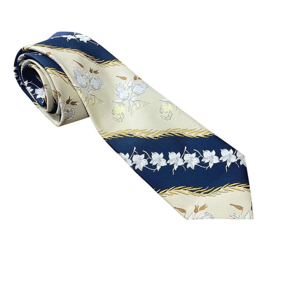 Mens Navy Blue Cream Floral Wheat‎ Striped Woven Polyester Necktie Classic Tie